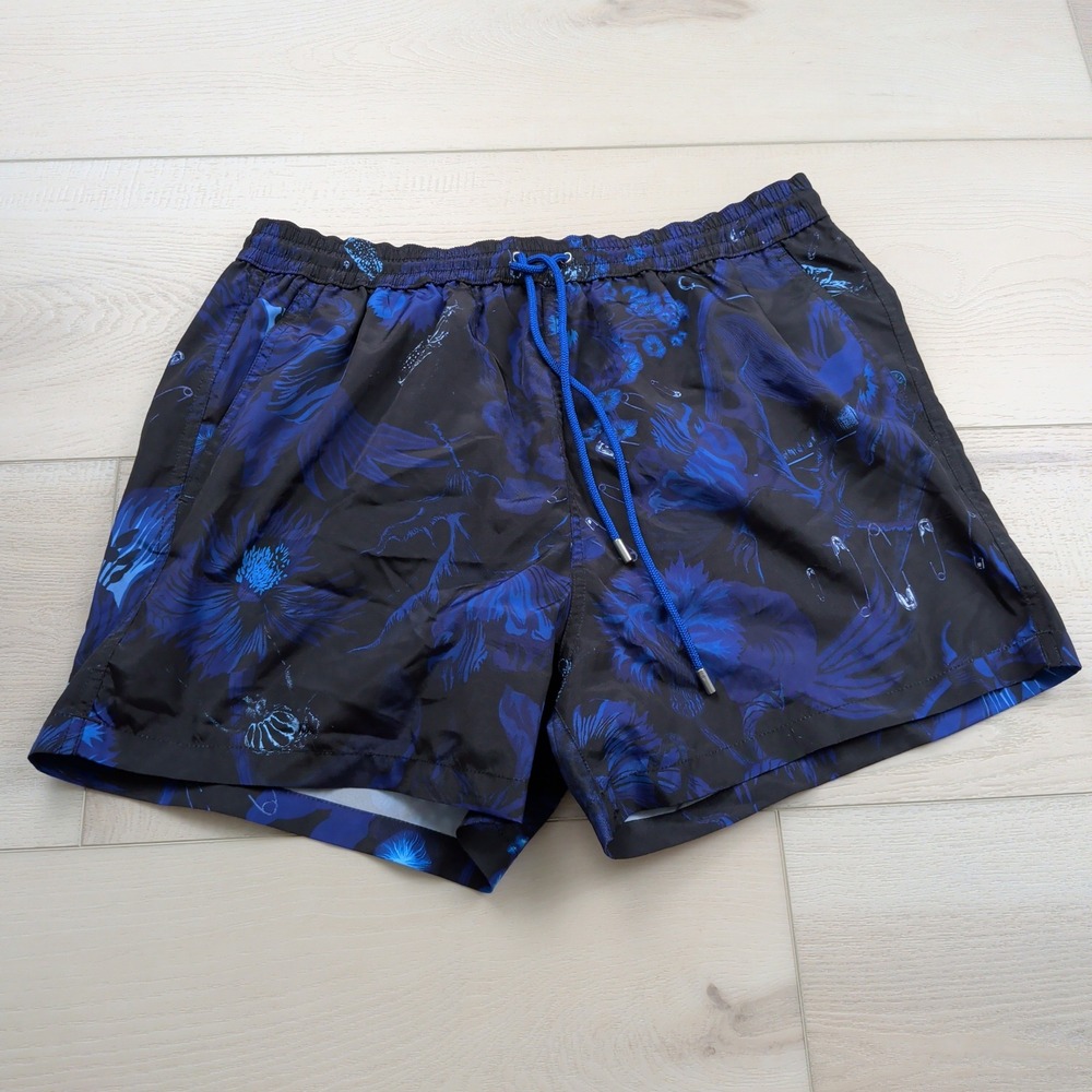 Paul Smith Botanical Print Swim Shorts Mens M Trunks Black Blue Beach Mesh Lined